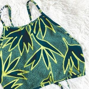 AERIE || Yellow + Green High Neck Birds of Paradise Bikini Top Size Medium